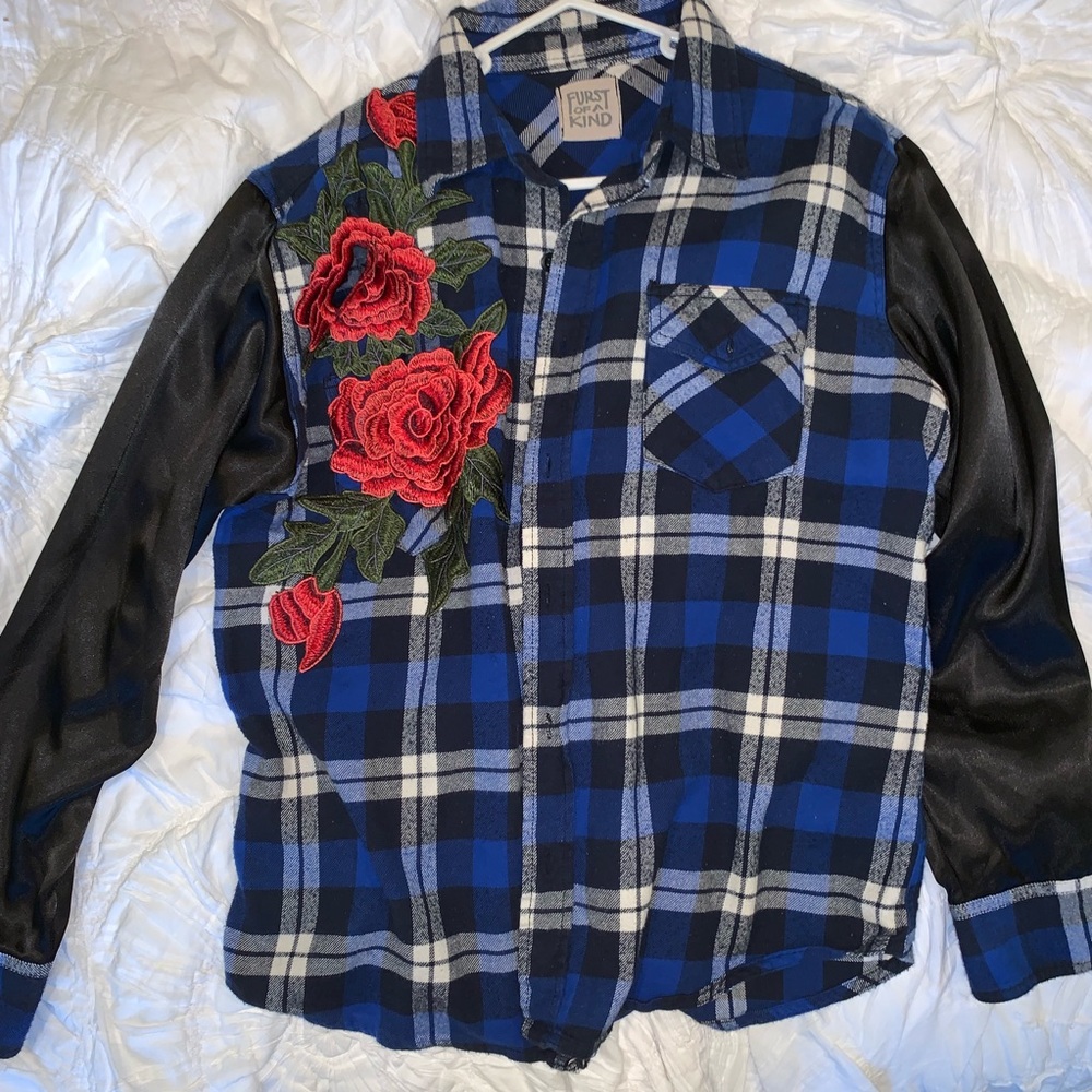 Mixed-material funky flannel button down